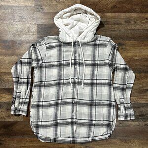 American Eagle Womens Hooded Plaid Button Up Shirt Cream Grey XS